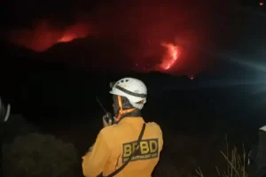 Petugas BPBD Garut bersiaga di lokasi kebakaran di Gunung Papandayan