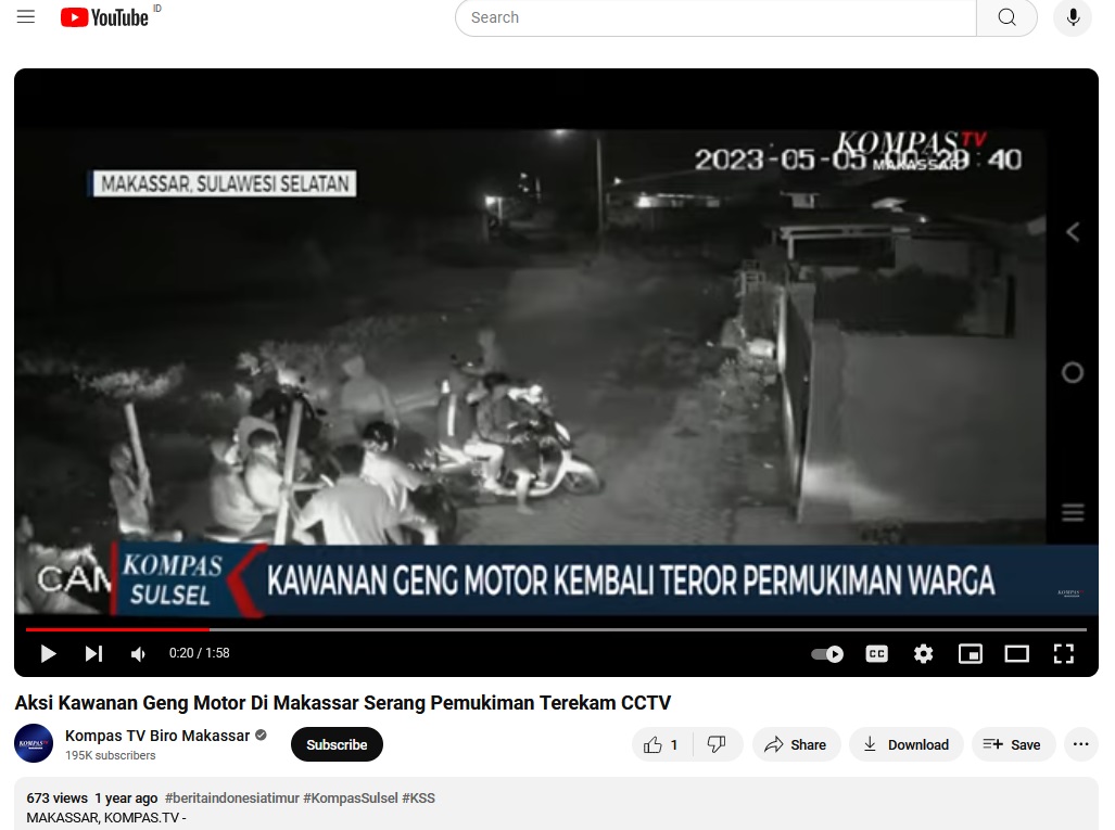 Aksi Kawanan Geng Motor Di Makassar Serang Pemukiman Terekam CCTV pada 5 Mei 2023 (Tangkapan layar akun YouTube Kompas TV Biro Makassar)