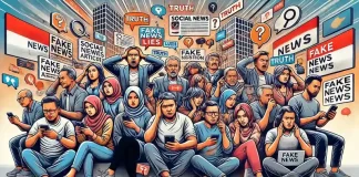 Ilustrasi sekelompok masyarakat yang kebingungan membedakan fakta dan hoaks yang beredar di media sosial (Foto: Dall-E)