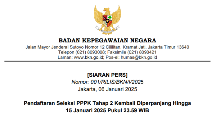 Siaran Pers Badan Kepegawaian Negara terkait pendaftaran PPPK tahap